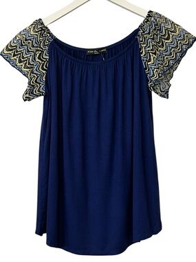 Kim & Cami Knit Jersey Top, Crochet Short Sleeve, Color Blue, Sz. Medium